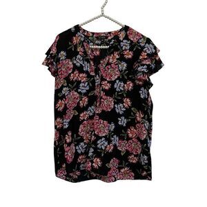 Zac & Rachel Black Flutter Short Sleeve Floral Blouse Women’s Size Medium